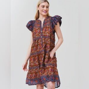 Sea New York Rosita Tunic Dress Women’s S Brown Floral Ruffle Feminine Cotton